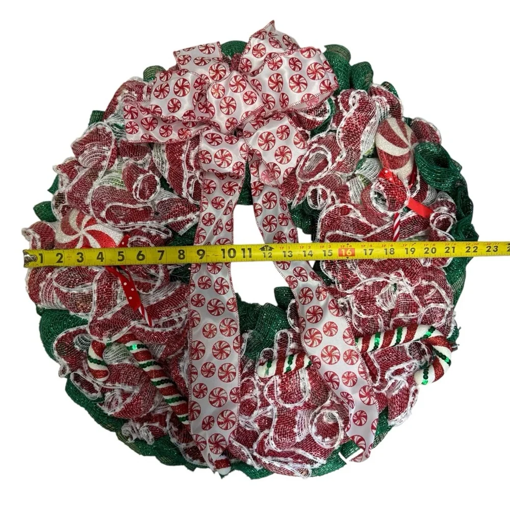 Handmade Peppermint Candy Deco Mesh Wreath Red, Green & White Swirl 22 inch